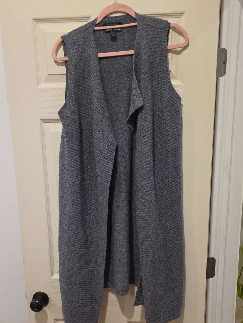 100% Cashmere Tahari Gray Ribbed Open-Front Sleeveless Cardigan Vest
